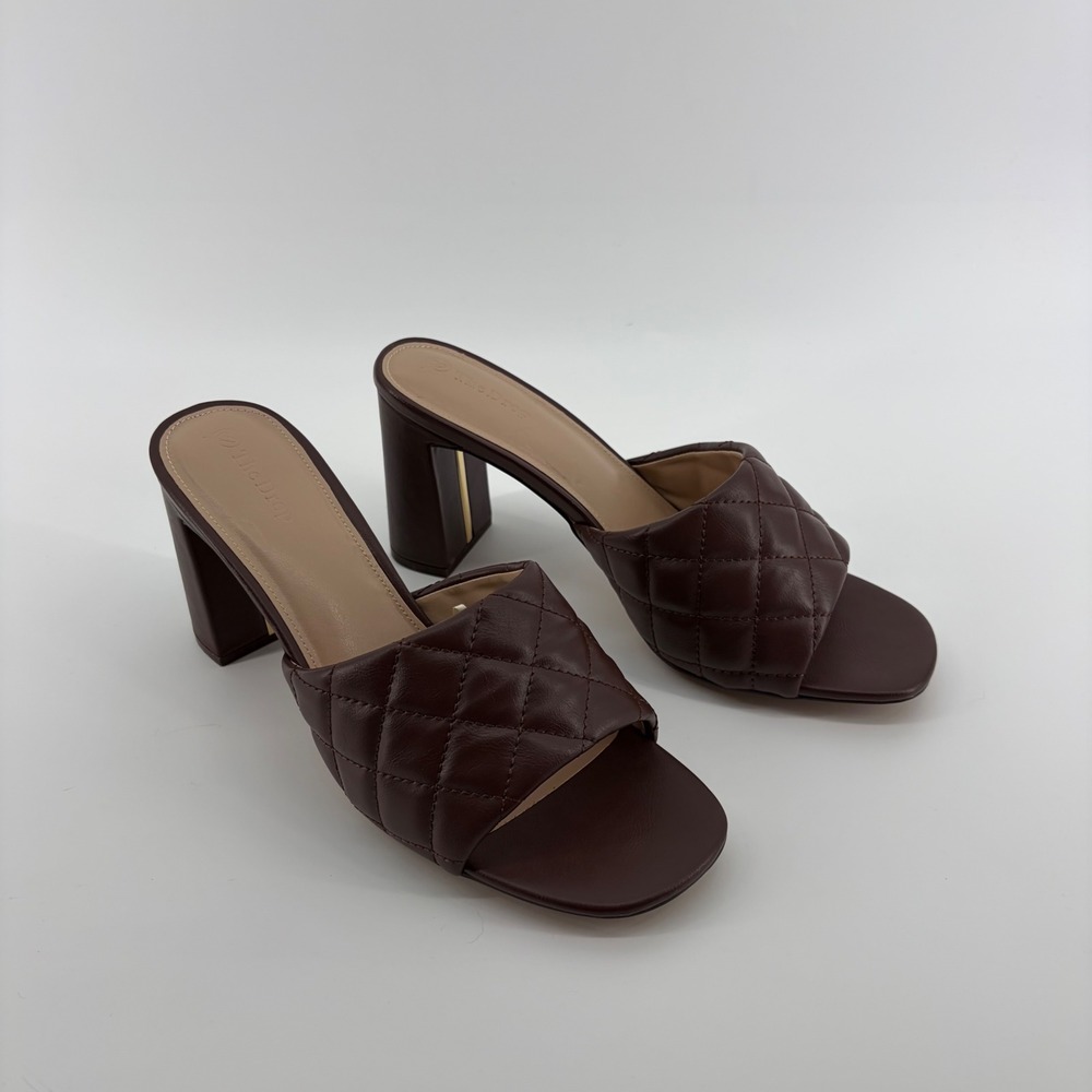 The Drop Quilted Block Heel Mules Dark Brown Square Toe Slip On Slides 11